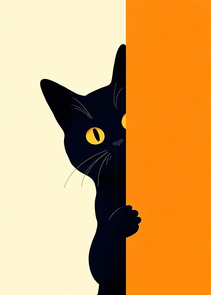Black Cat Peeking Around Orange Corner