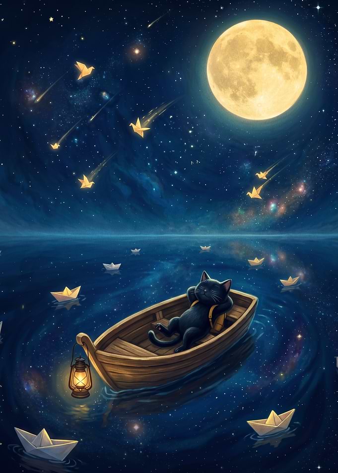 Cat in a boat under the stars
