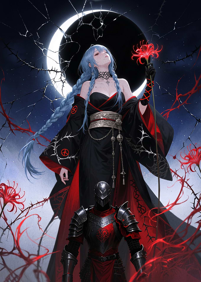 Gothic Woman and Knight Under Cracked Moon