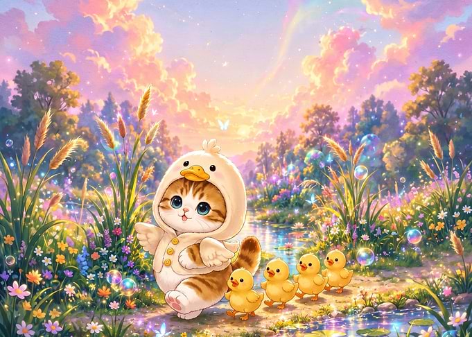 Cute Cat in Duck Costume with Ducklings