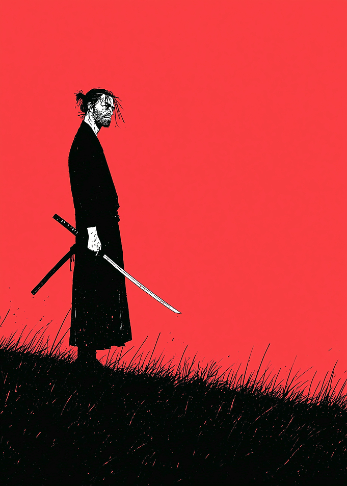Samurai Standing on Red Background