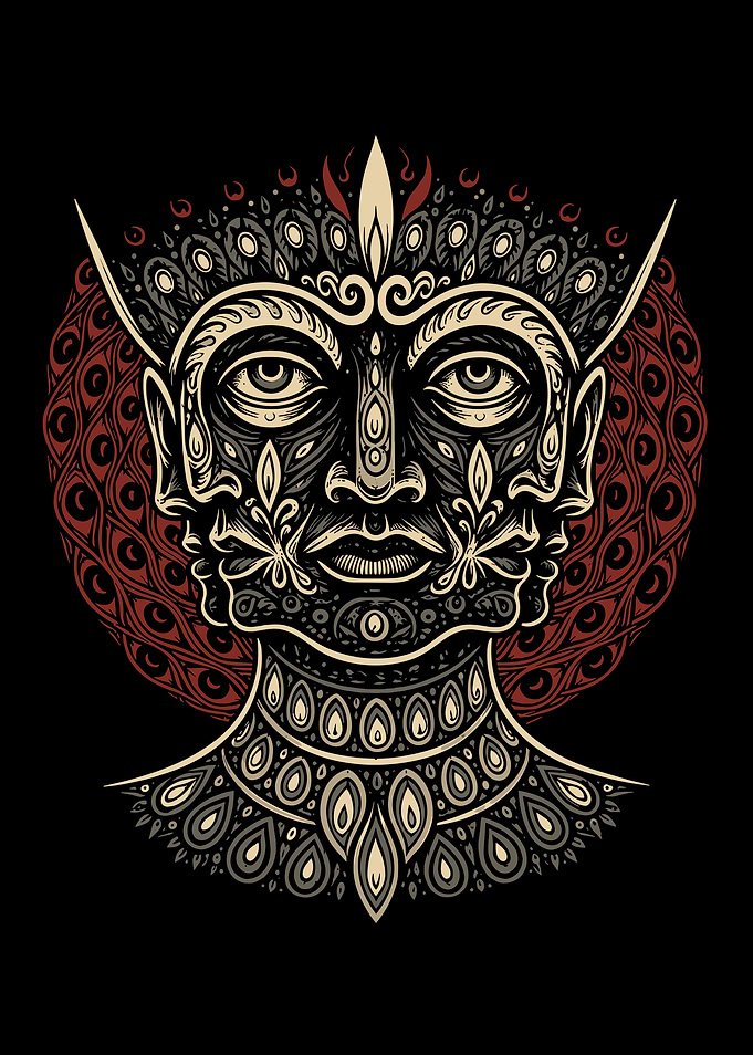 Ornate Tribal Face with Peacock Feather Pattern