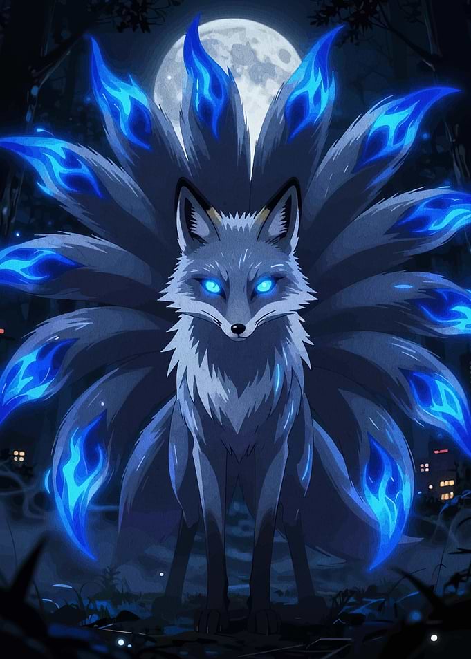 Nine-Tailed Fox with Blue Flames