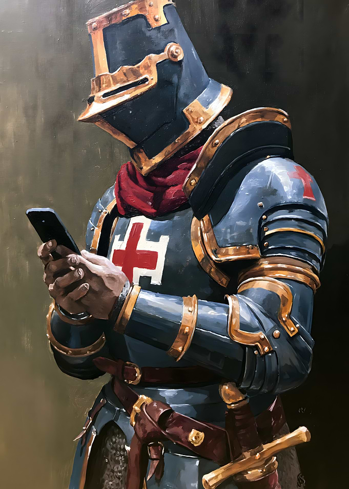 Crusader Knight Using a Smartphone