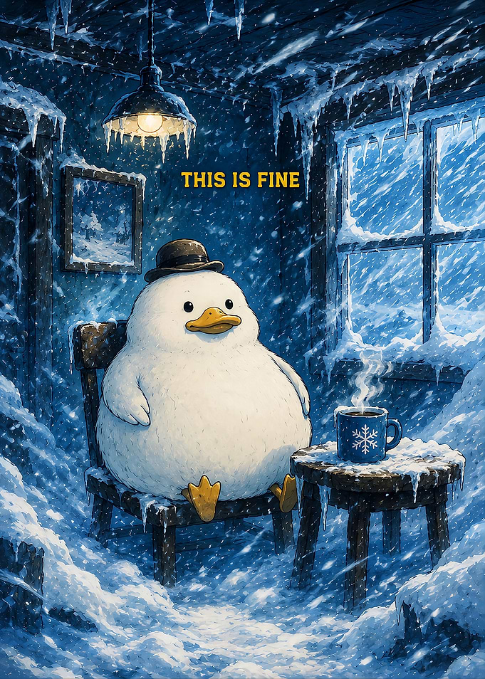 Funny Duck in Snowy Cabin
