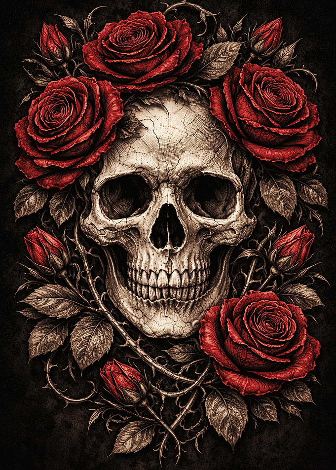 Skull Surrounded by Red Roses