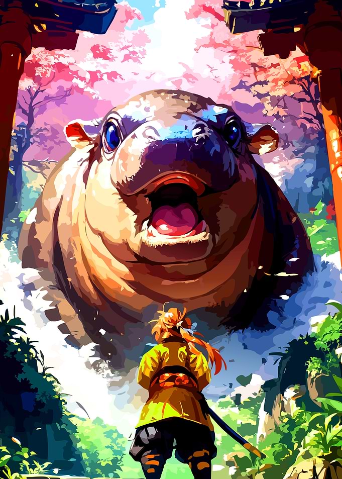 Giant Hippo Confronts Warrior