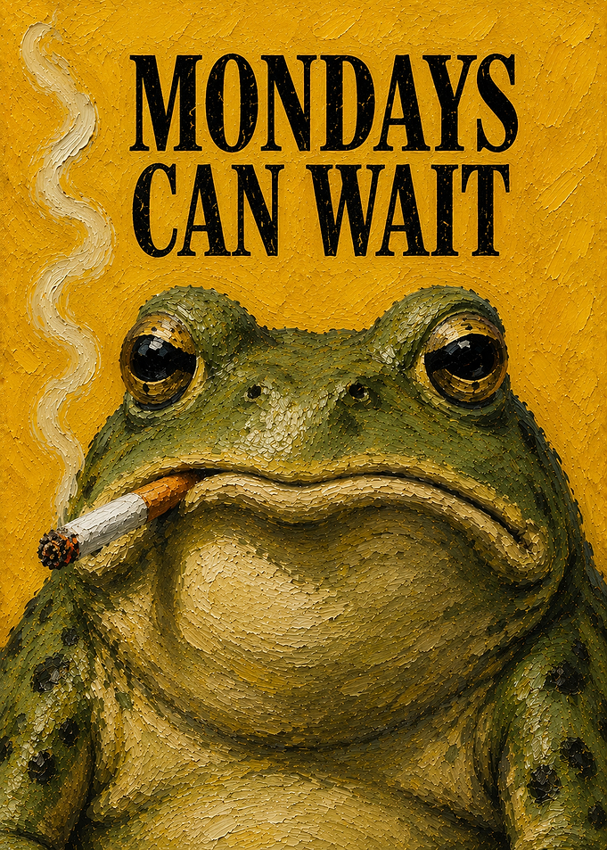 Frog Smoking Cigarette with 'Mondays Can Wait' Text