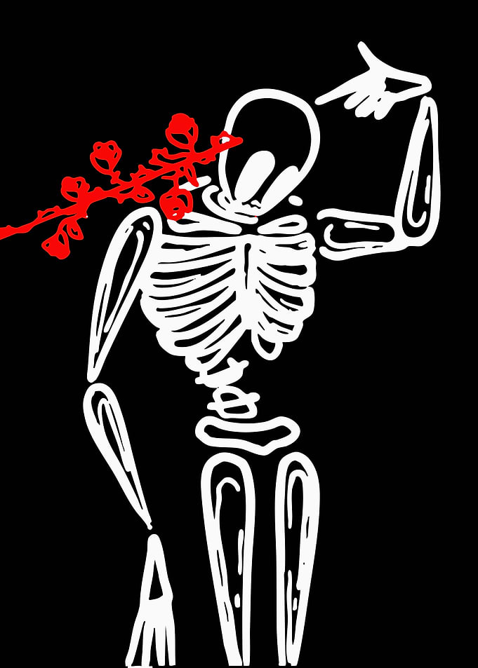 Skeleton with Red Flowers