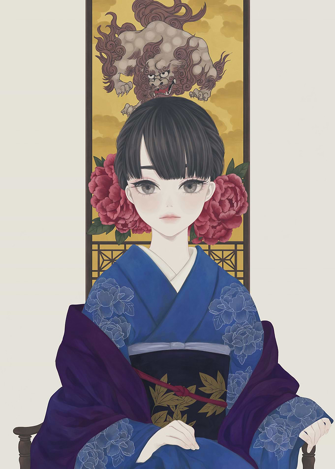 Woman in Blue Kimono with Peonies