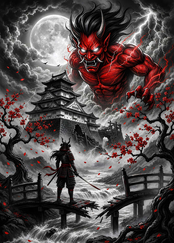 Samurai vs. Demon in Stormy Night