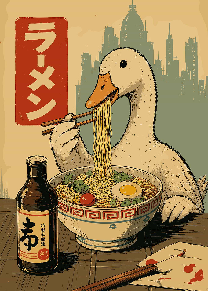 Goose Eating Ramen Japanese Street Art Poster | Cute Animal Kitchen Wall Art