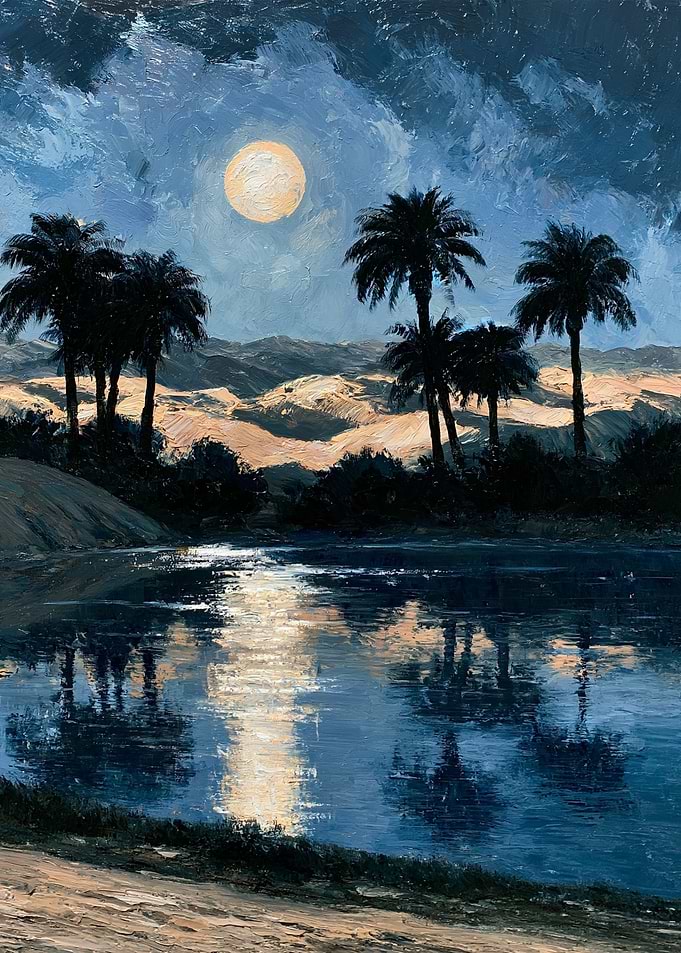 Moonlit Desert Oasis with Silver Palm Reflections