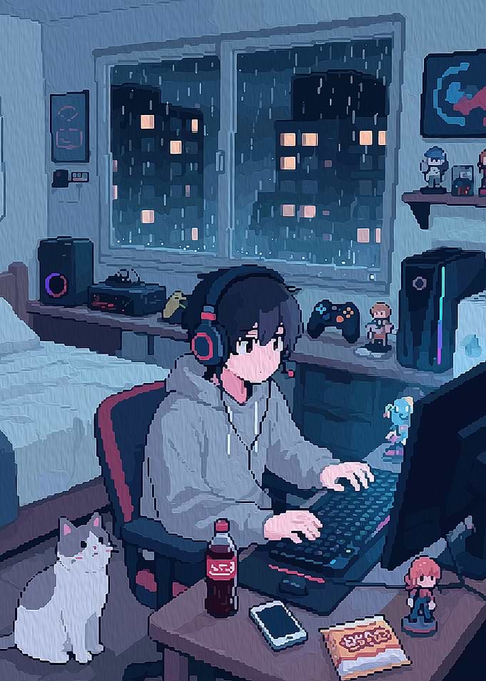 Gamer Boy and Cat on Rainy Night