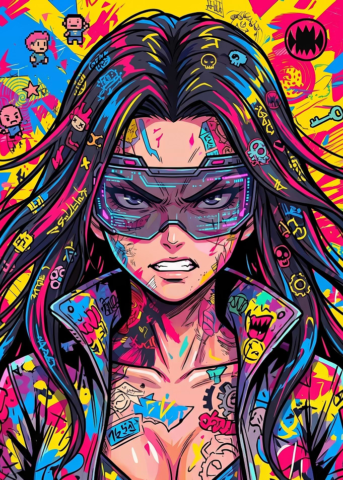 Cyberpunk Woman with Neon Tattoos