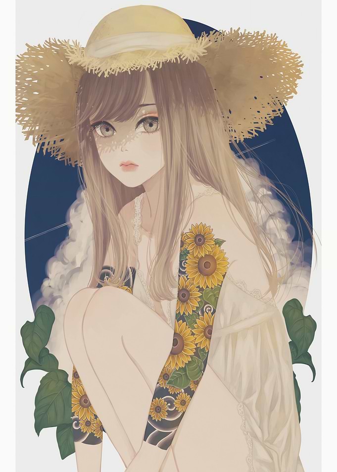 Girl with Sunflower Tattoos and Straw Hat
