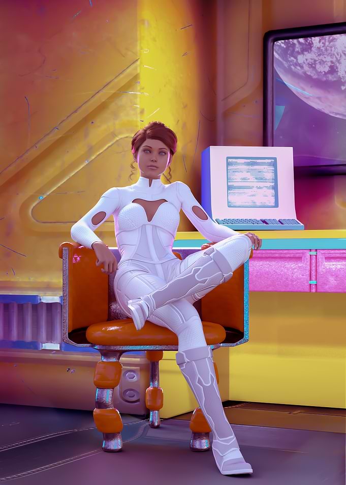 Woman in futuristic white suit, inside spaceship