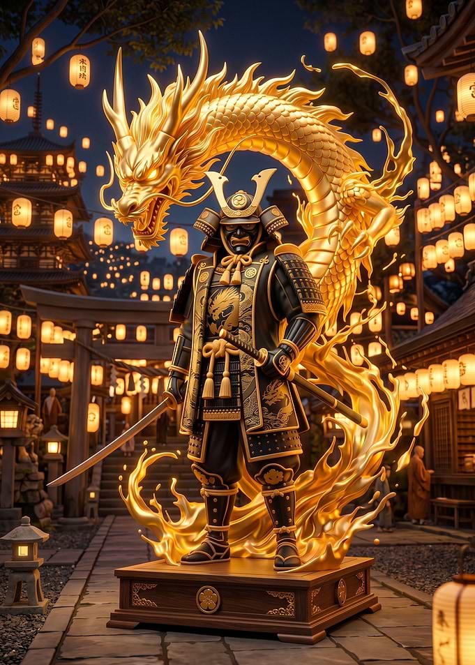 Samurai Warrior with Golden Dragon Statue