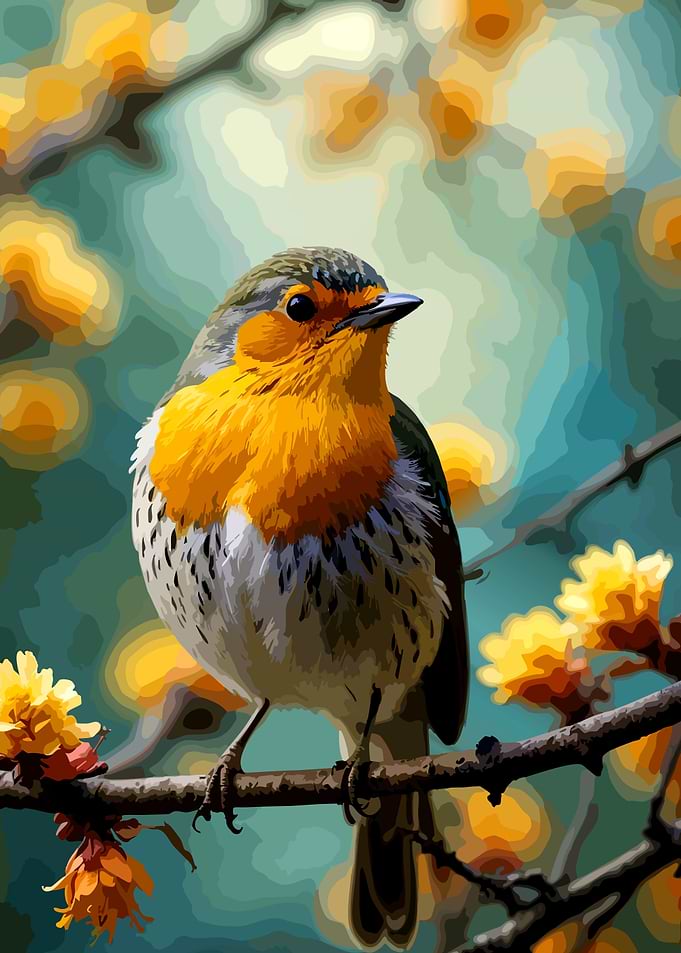 Robin perched on a branch with flowers