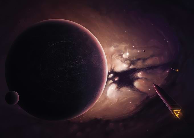 Sci-fi planet with spacecraft and nebula