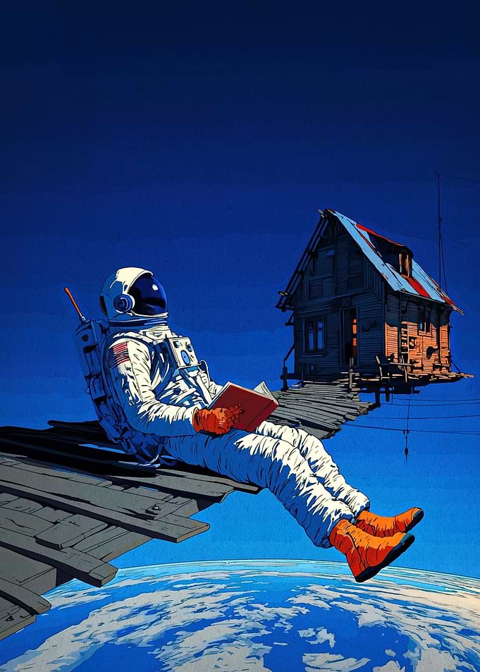 Astronaut reading a book in space