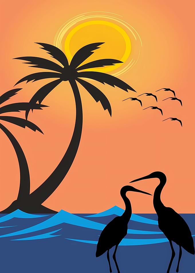Tropical Sunset with Herons and Palm Trees