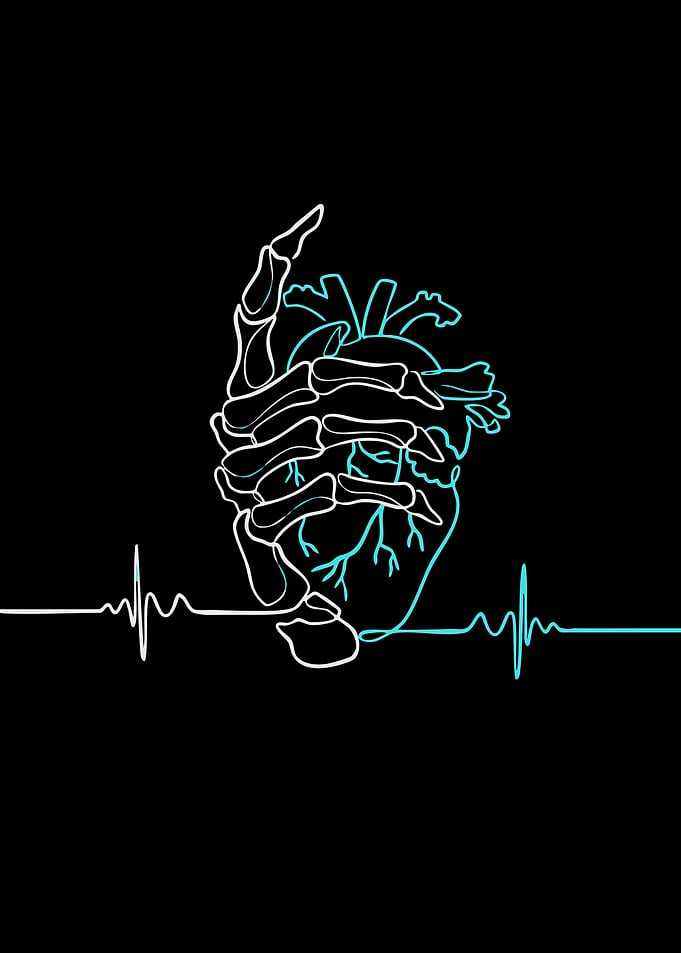 Skeleton Hand Holding Heart with EKG