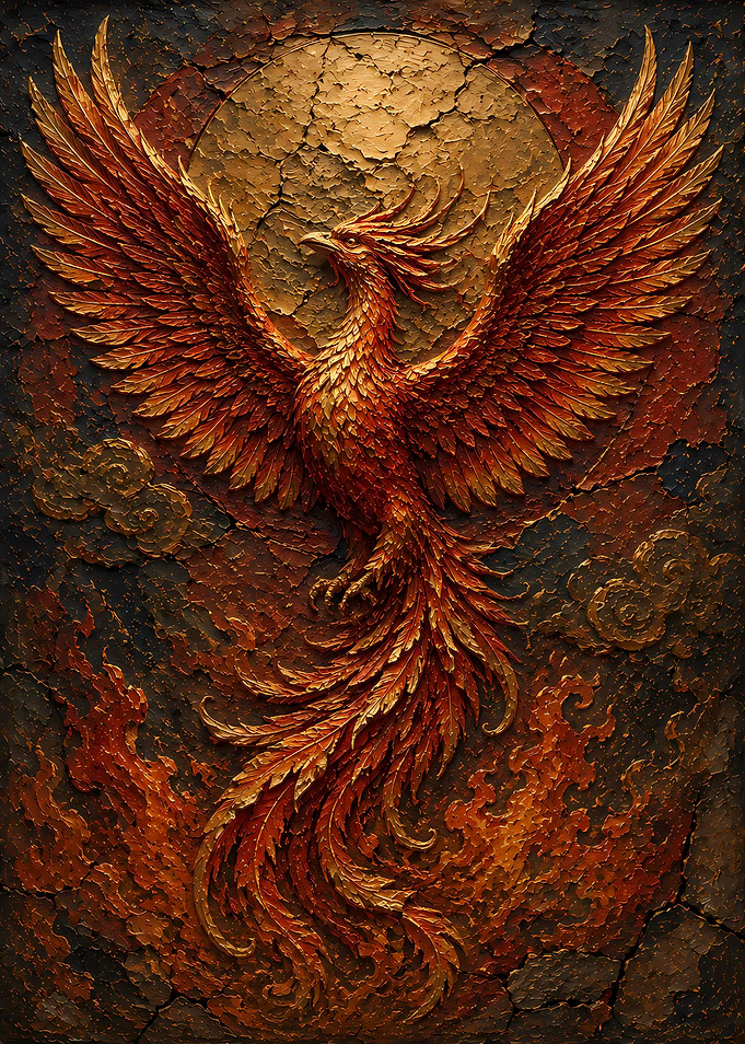 Golden Phoenix Rising from Flames