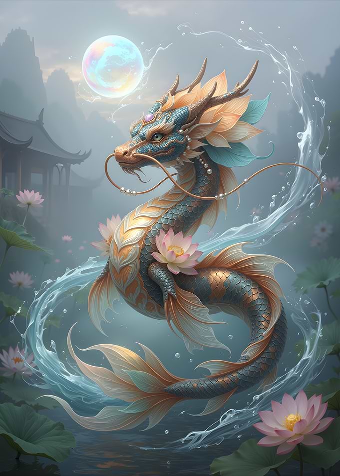 Dragon Koi with Lotus Flowers and Moon