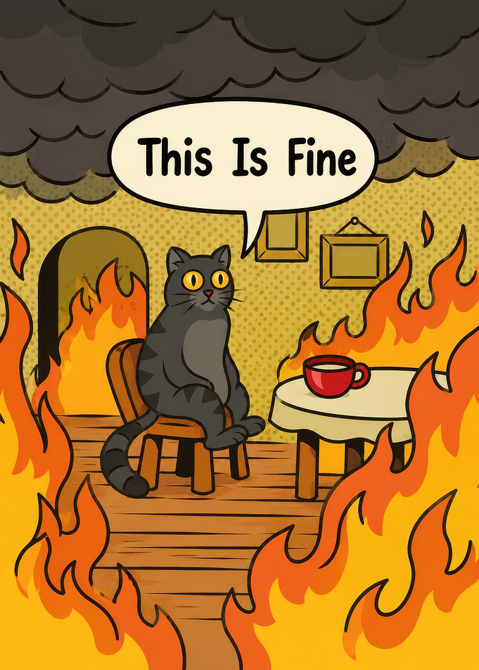 Cat in a burning room saying This Is Fine