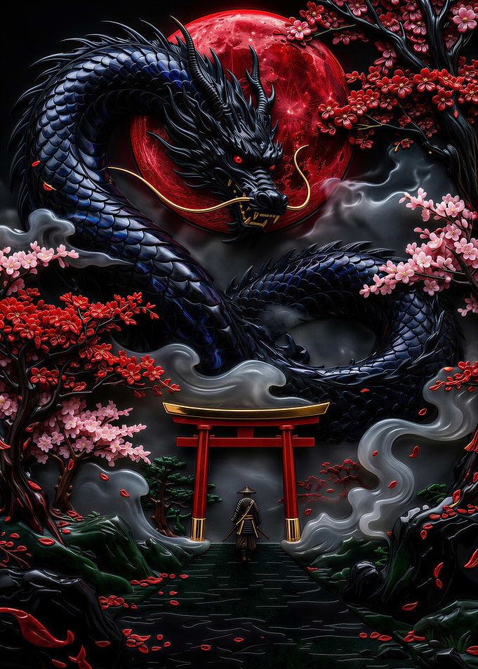 Samurai, Dragon, and Torii Gate