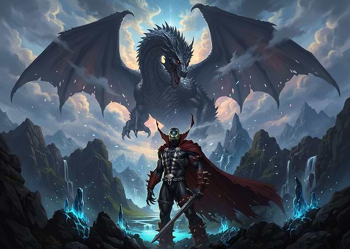 Spawn and Dragon in Fantasy Landscape