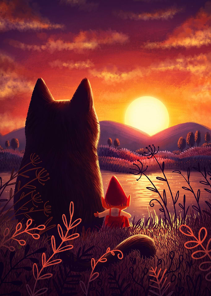 Gnome and Wolf Watch Sunset
