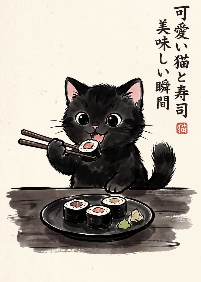 Black Cat Eating Sushi