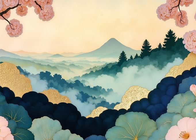 Misty Mountain Landscape with Cherry Blossoms