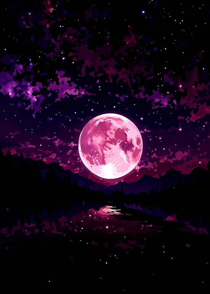 Pink Moon Over Dark Landscape