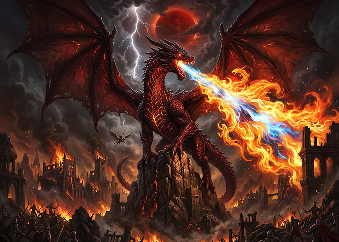 Dragon Breathing Fire Over Burning City