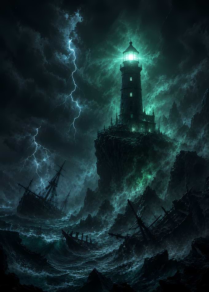 Stormy Lighthouse and Shipwrecks