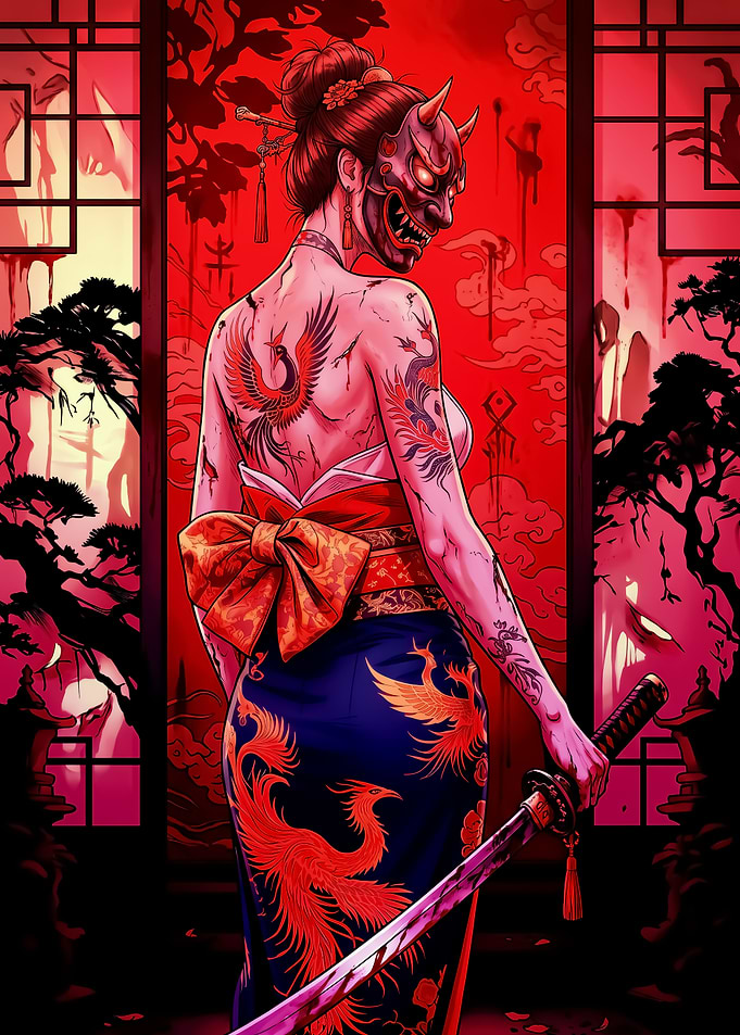 Geisha with Oni Mask and Katana
