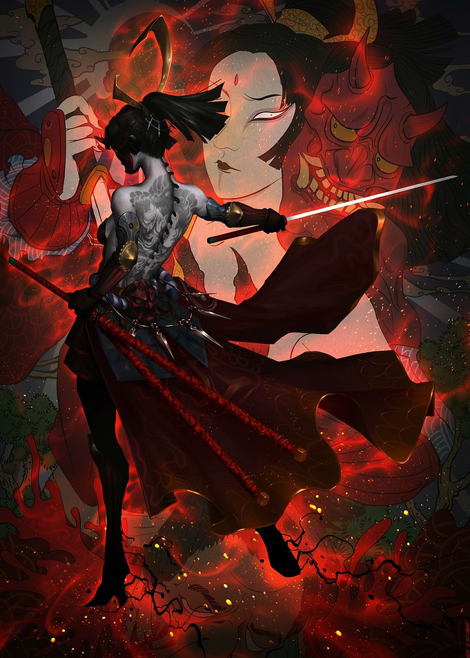 Samurai Woman with Swords and Oni Mask