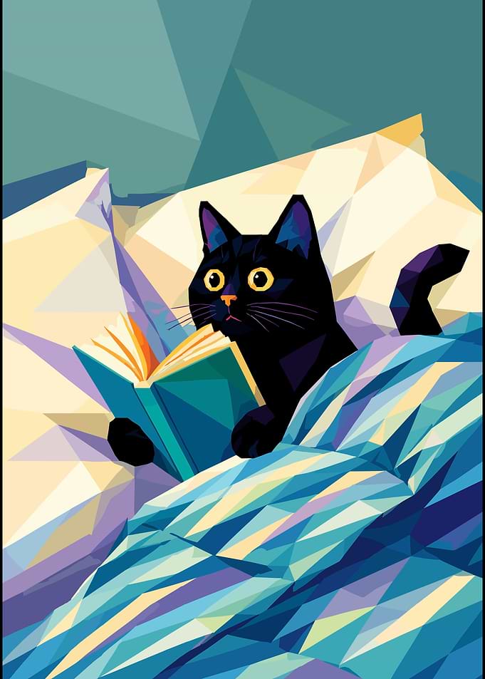 Black Cat Reading a Book in Bed