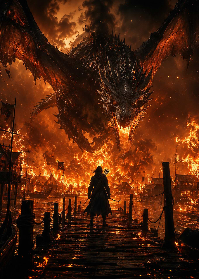 Dragon attacking a burning village