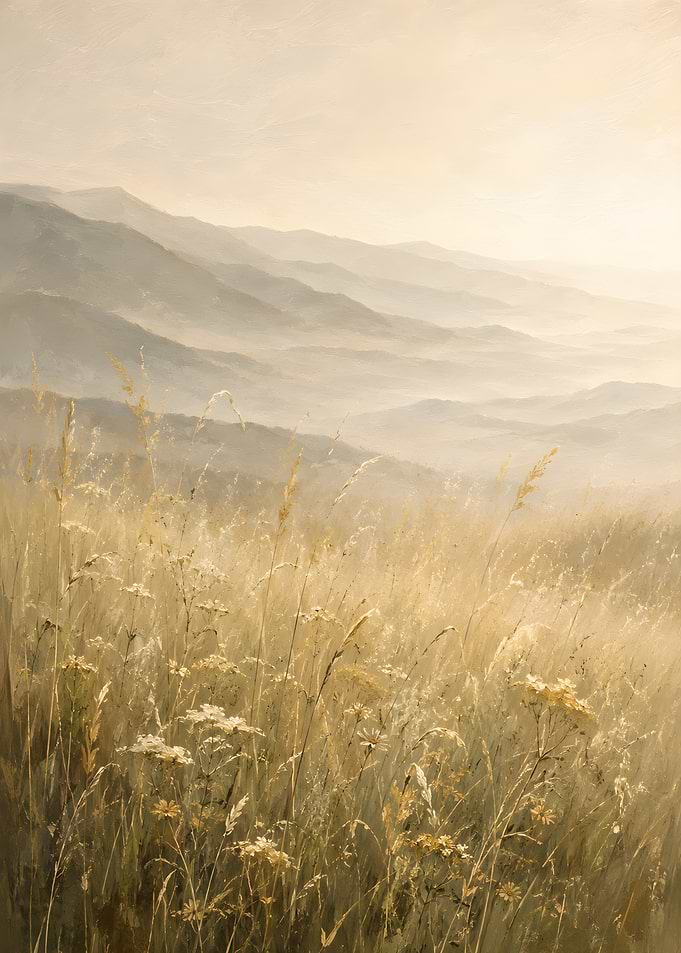 Misty Mountain Landscape with Wildflowers