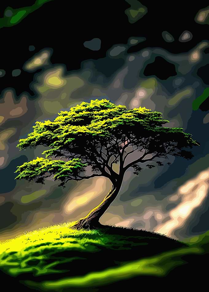 Lone tree on a grassy hill