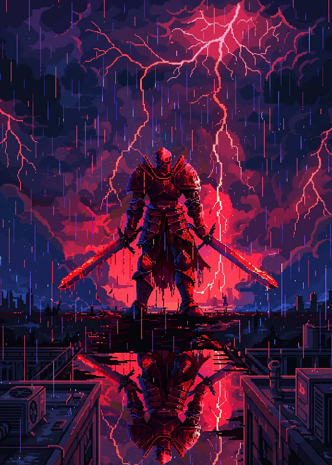 Pixel Art Knight in Lightning Storm