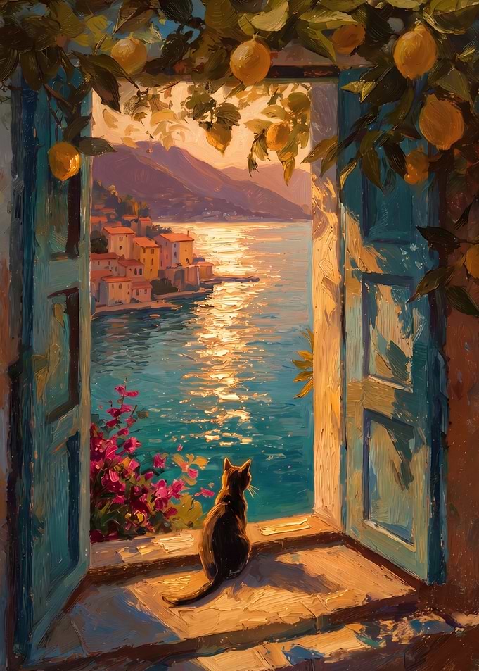 Cat Gazing at Mediterranean Sea sunset View