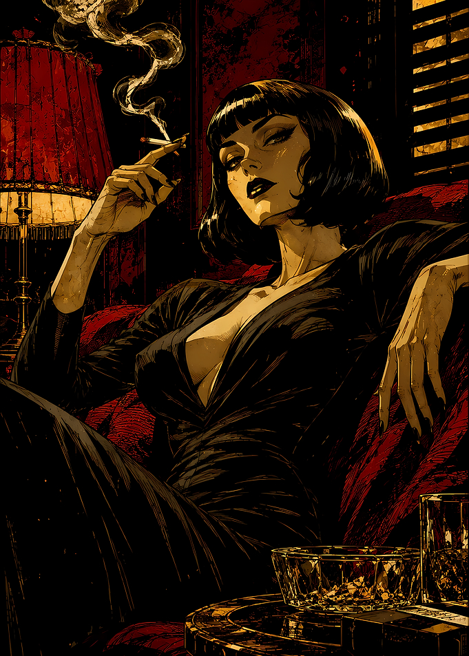 Femme Fatale Smoking in a Red Room