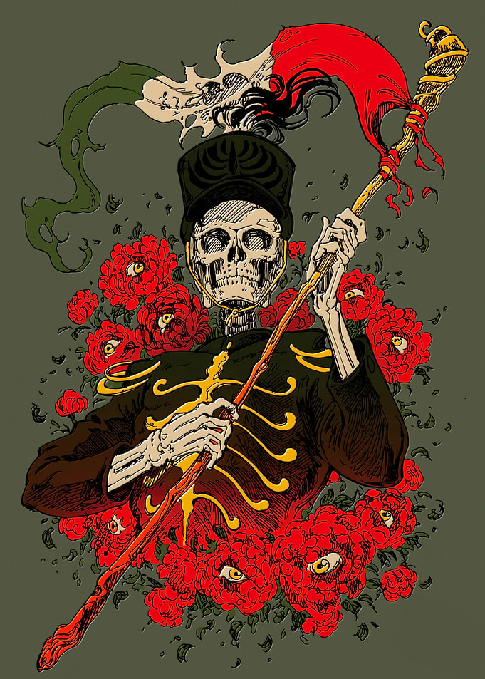 Skeleton Soldier with Flag and Roses