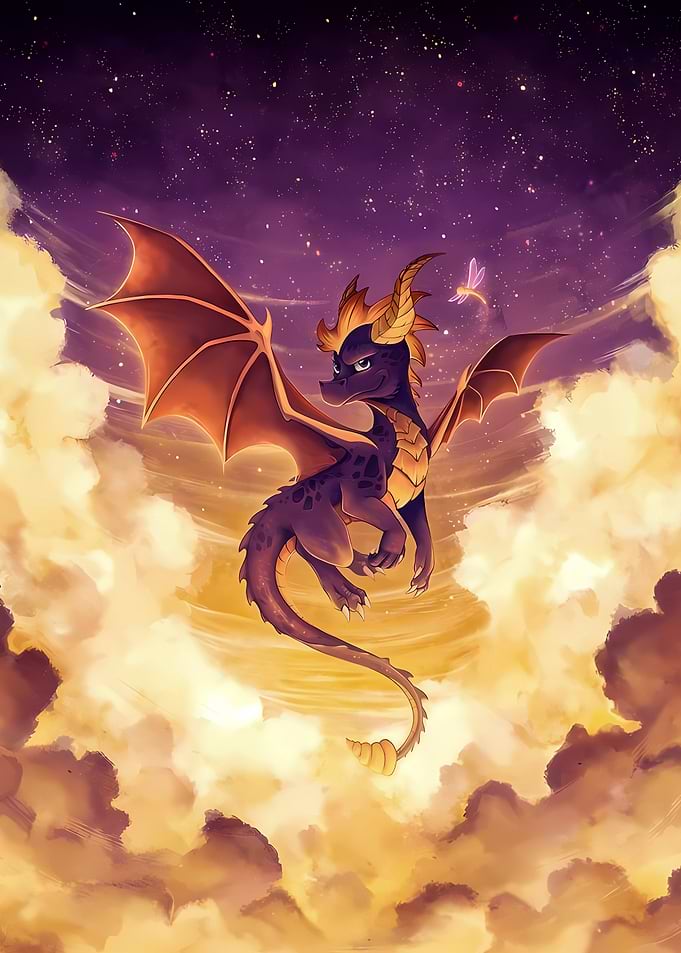 Spyro the Dragon flying through clouds