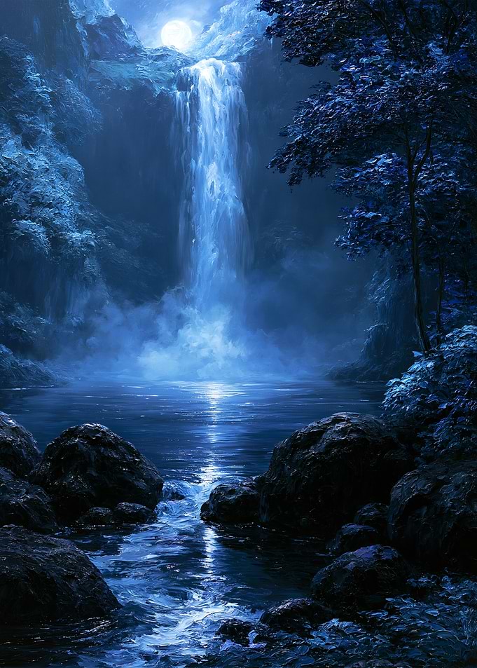 Moonlit Blue Waterfall in a Silent Forest Gorge